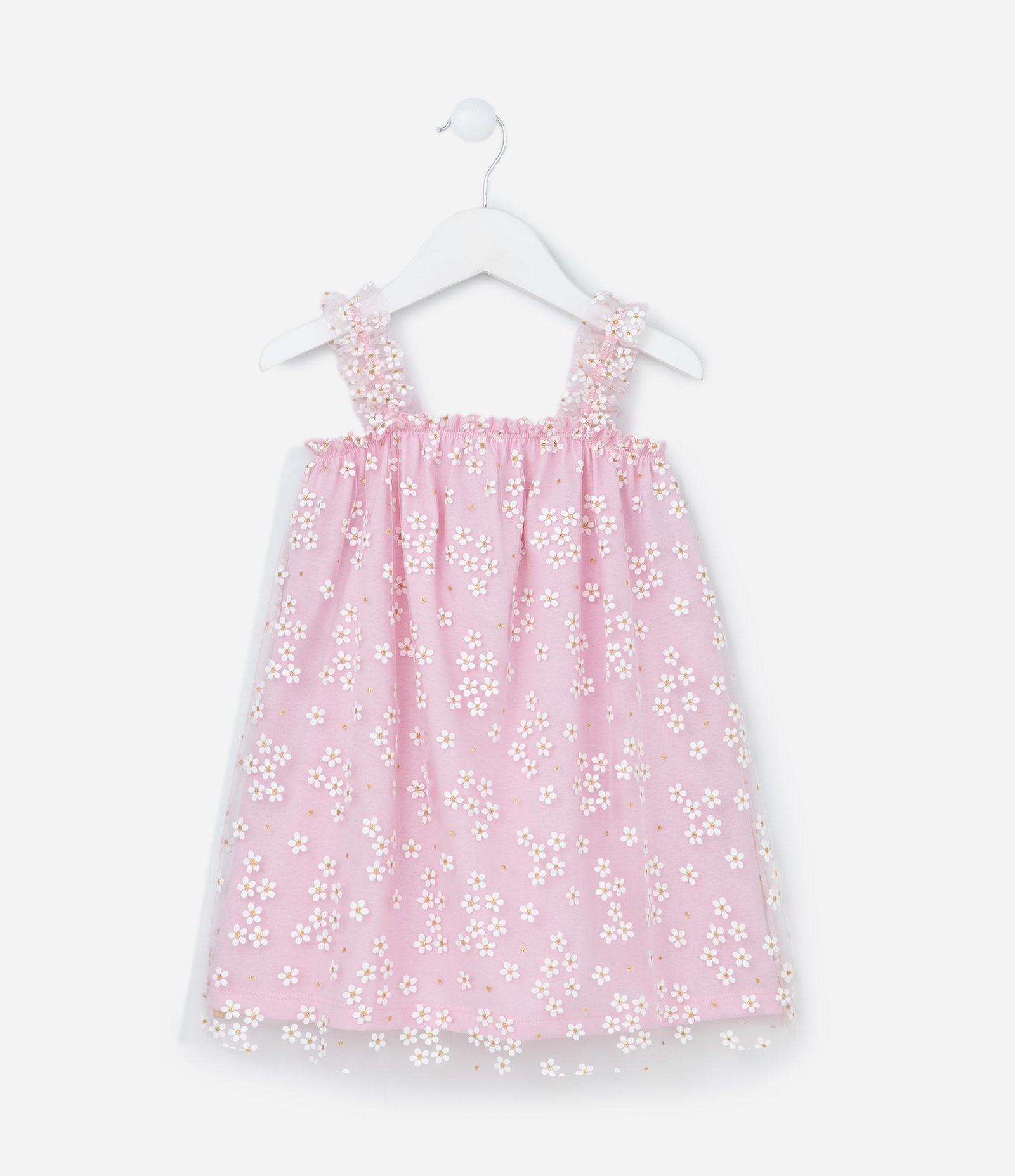 Vestido Infantil em Tule com Estampa de Florzinhas com Glitter - Tam 1 a 5 Anos Rosa 1