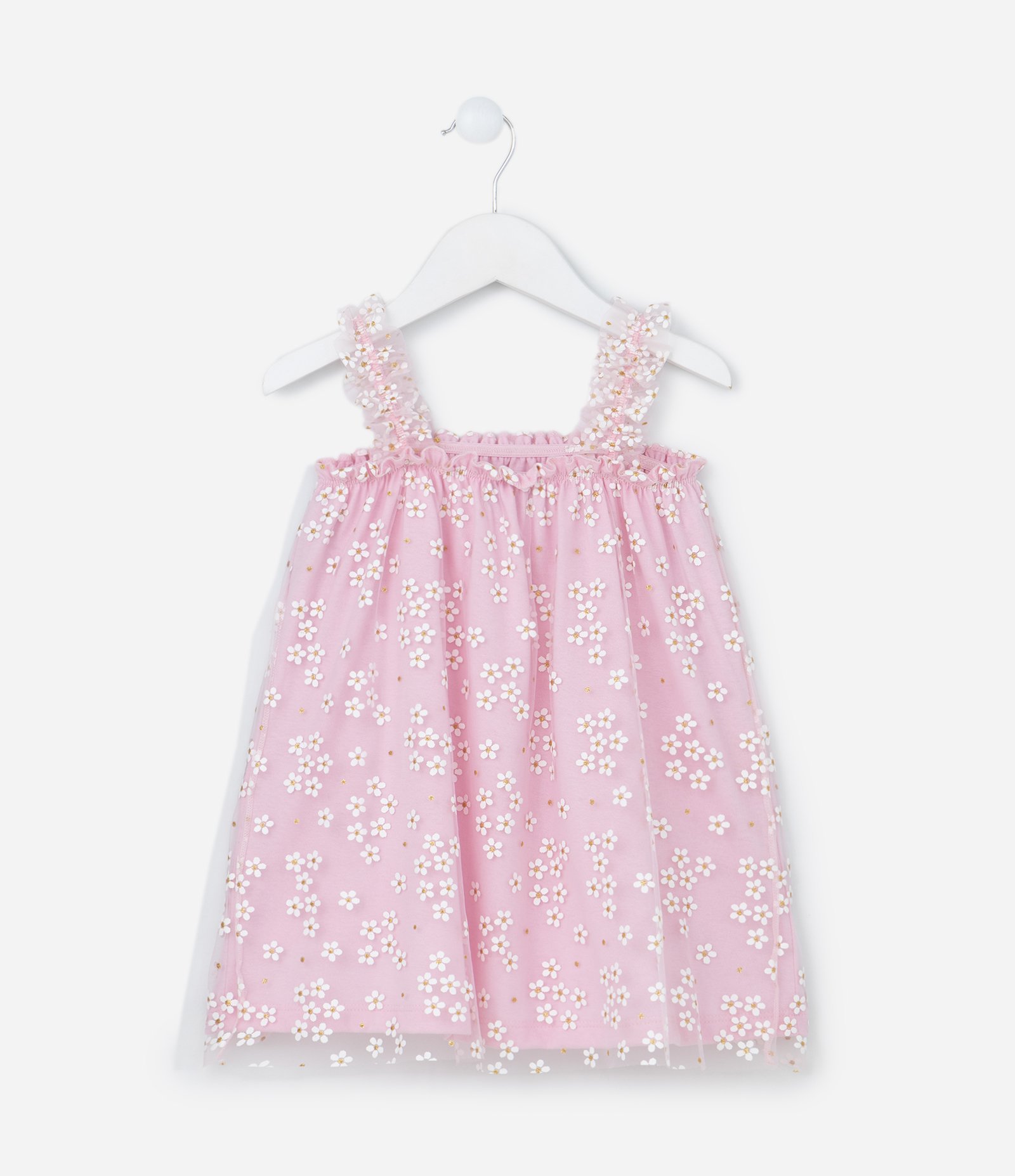 Vestido Infantil em Tule com Estampa de Florzinhas com Glitter - Tam 1 a 5 Anos Rosa 2