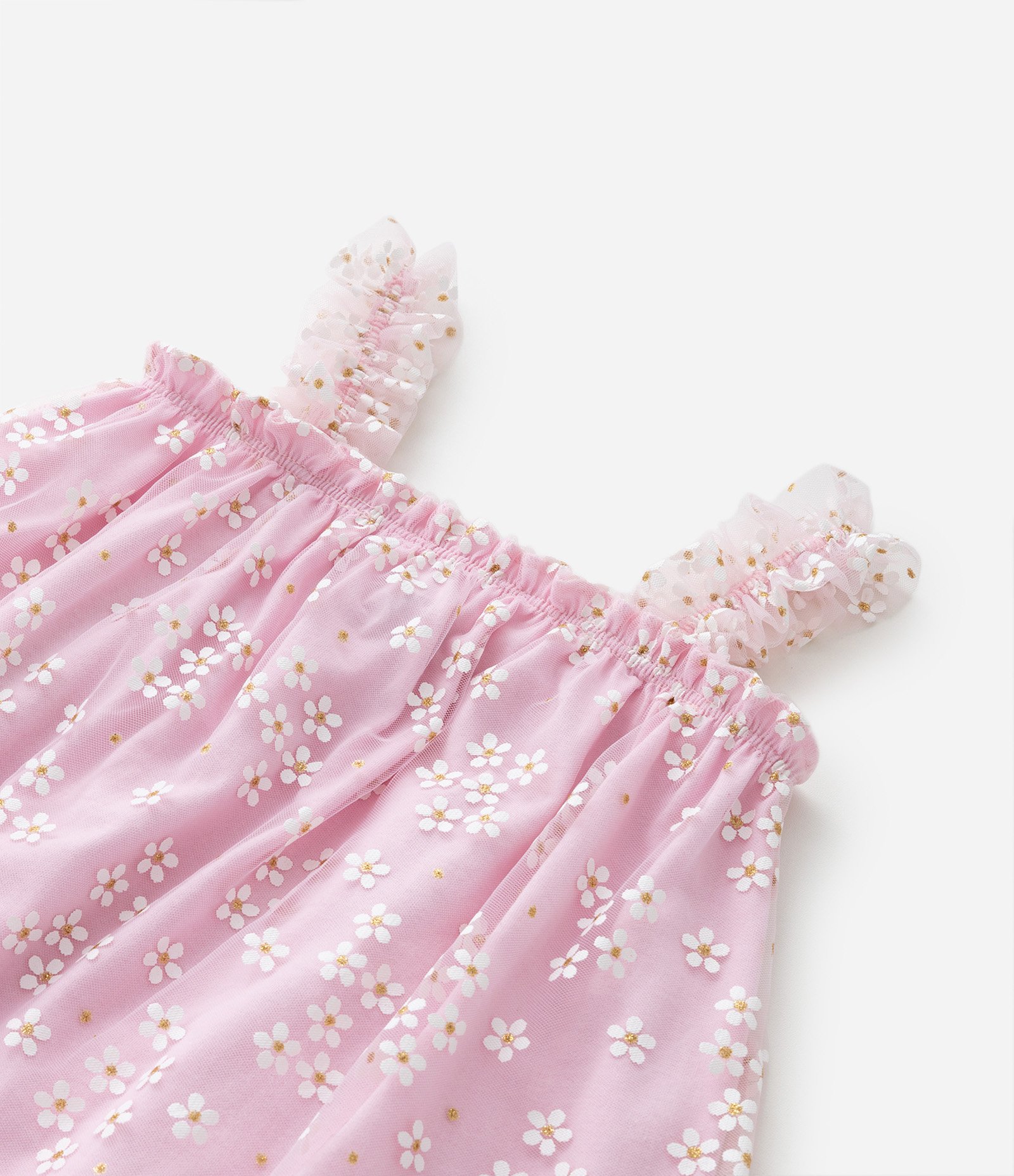 Vestido Infantil em Tule com Estampa de Florzinhas com Glitter - Tam 1 a 5 Anos Rosa 4