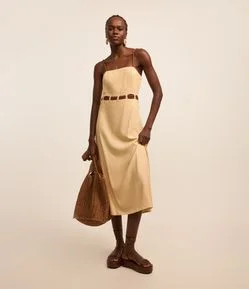 Vestido New Midi em Viscose e Linho e Cinto de Corda