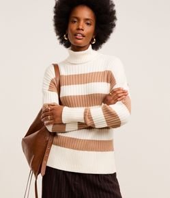 Suéter Tricô com Gola Alta e Estampa Listrada