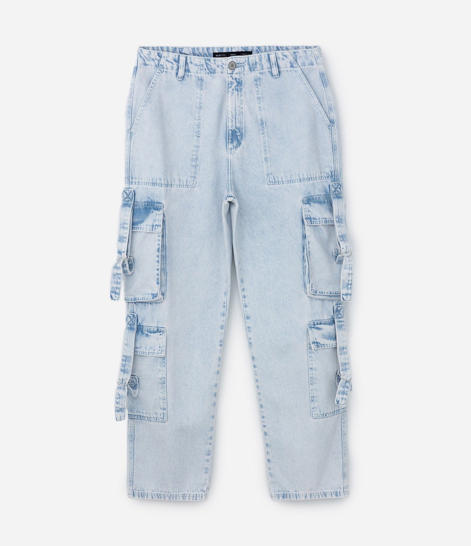 Calça Baggy em Jeans com Bolsos Cargo Azul Claro 5