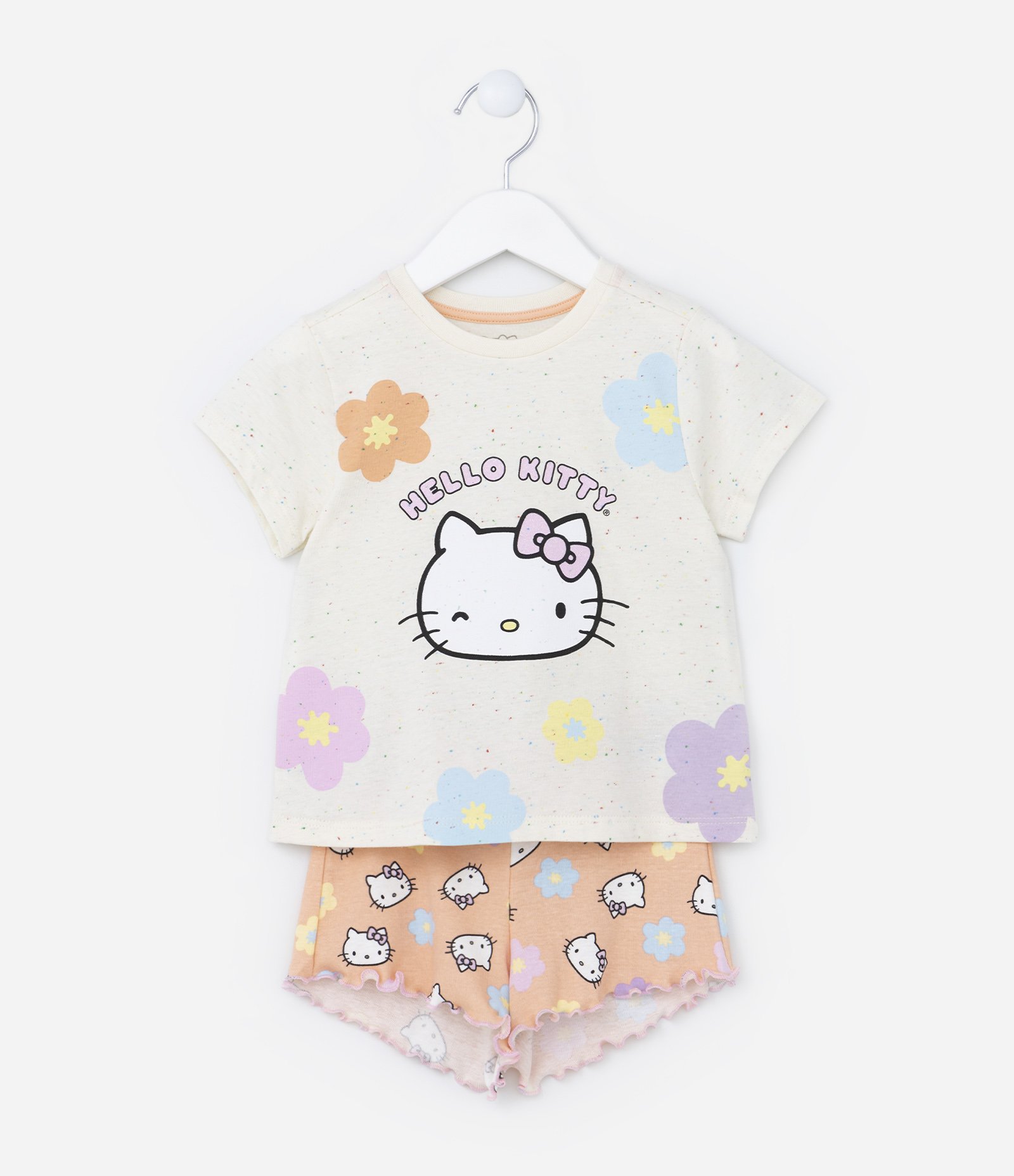 Pijama Infantil Curto com Estampa Hello Kitty - Tam 2 a 6 Anos Bege/Laranja 1