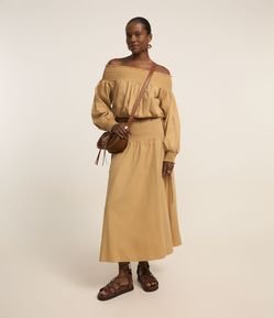 Saia Evasê Midi em Tricoline Cós com Lastex