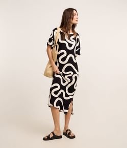 Vestido Midi em Viscolycra com Estampa Abstrata e Decote Redondo