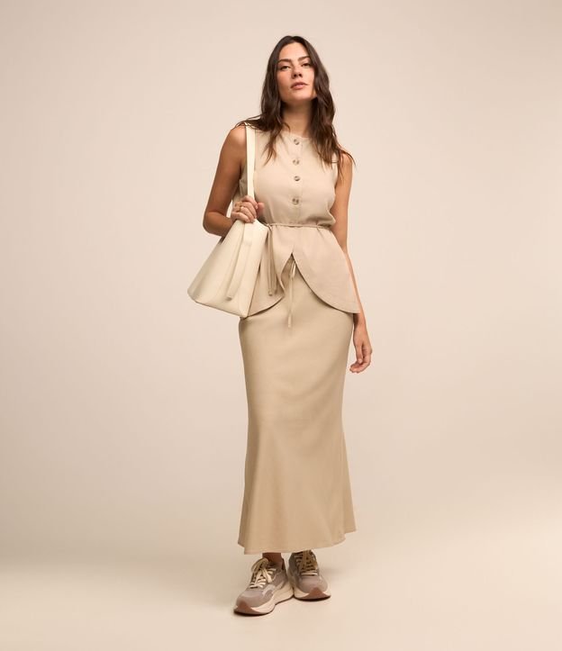 Saia Midi em Linho e Viscose com Amarração na Cintura