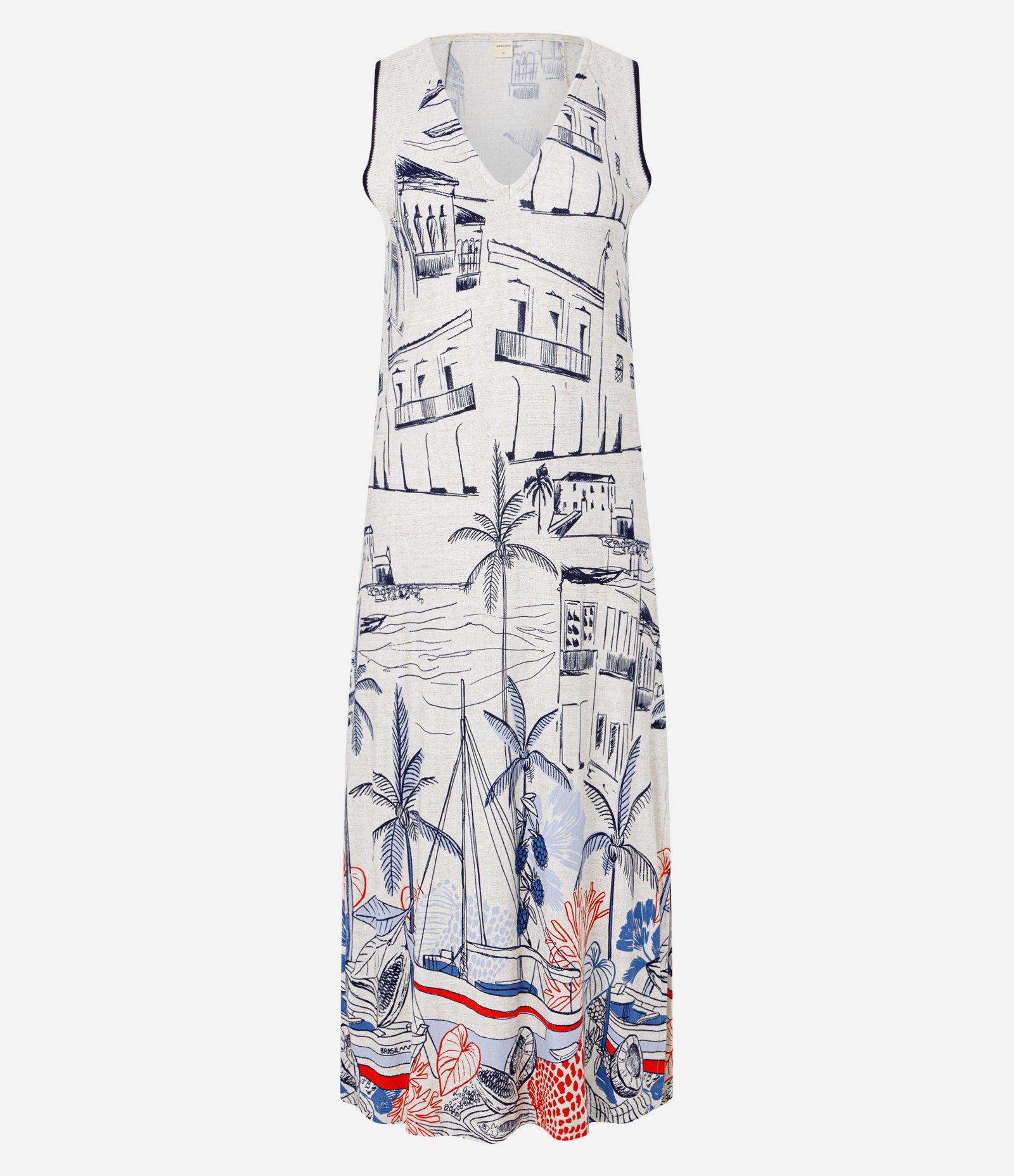 Vestido Midi em Viscose Gola V e Estampa de Coqueiros Branco 5