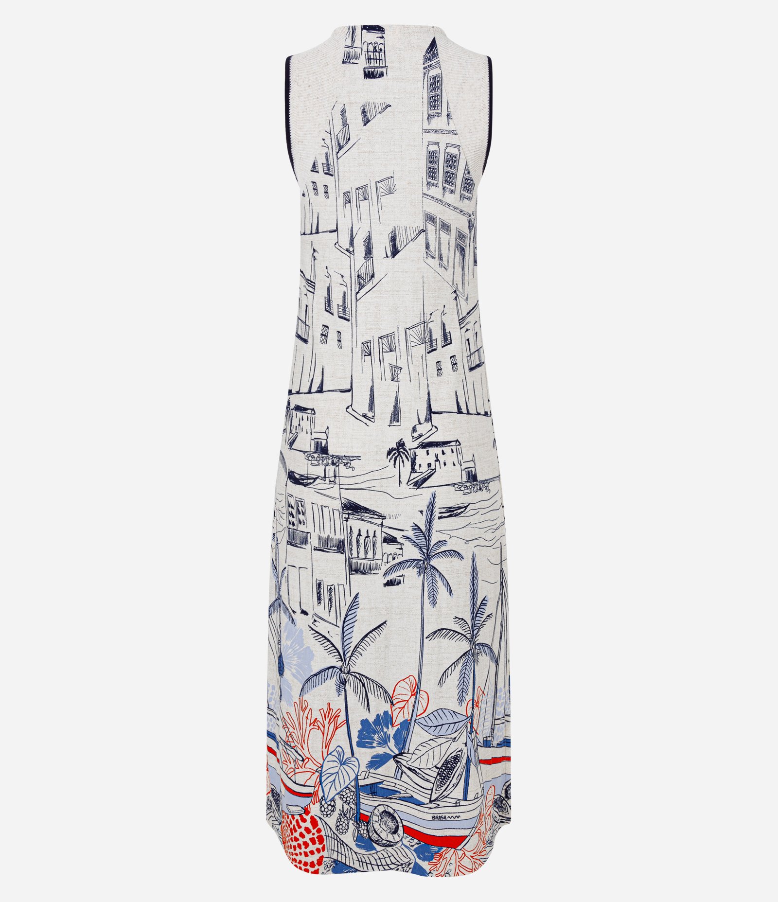 Vestido Midi em Viscose Gola V e Estampa de Coqueiros Branco 7