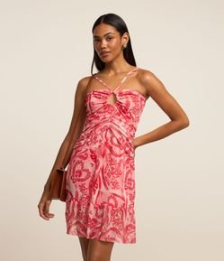 Vestido de Tule com Estampa Etnica Drapeado Frontal e Decote Gota