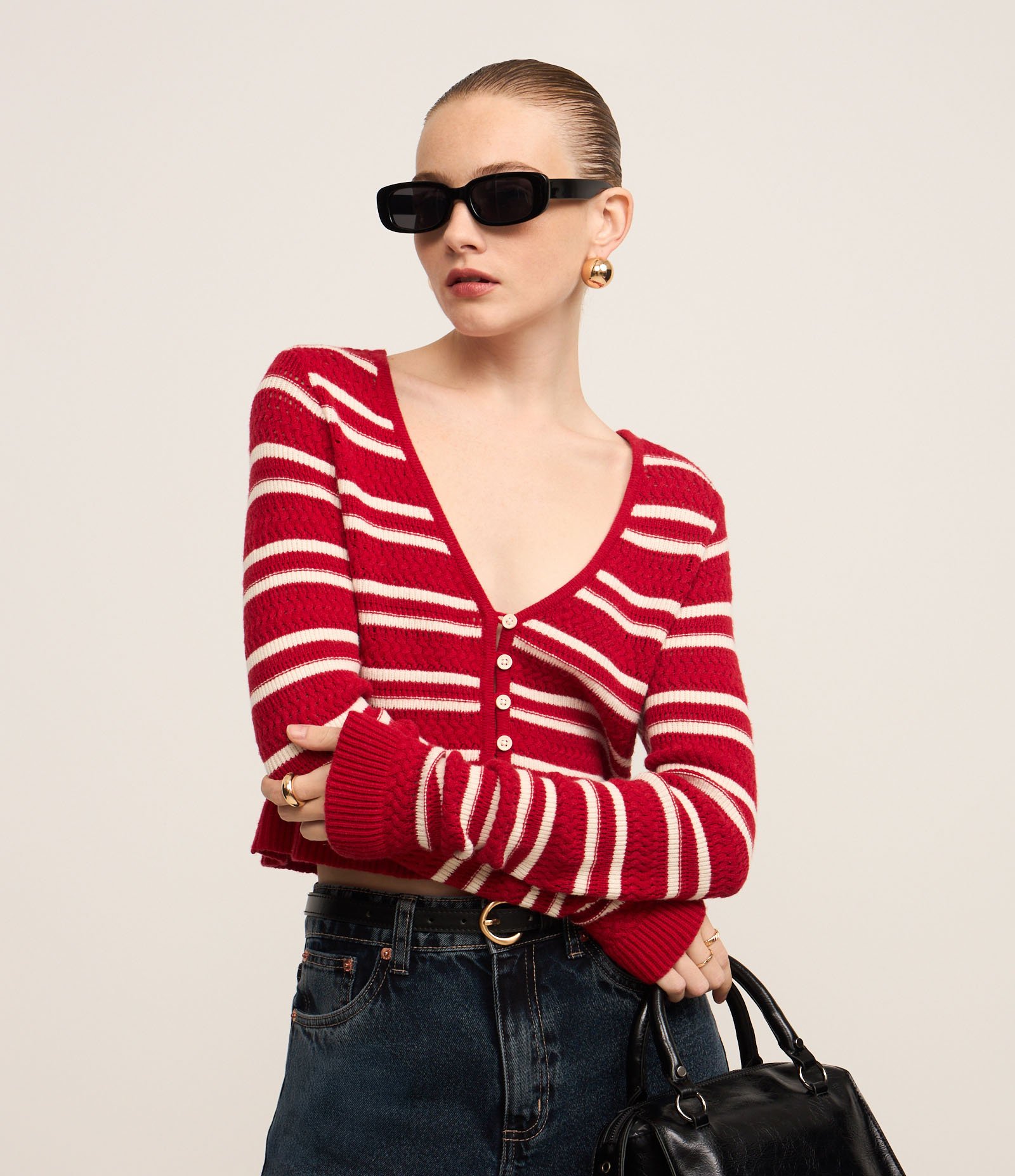 Cardigan Listrado em Tricô com Decote V Vermelho 1