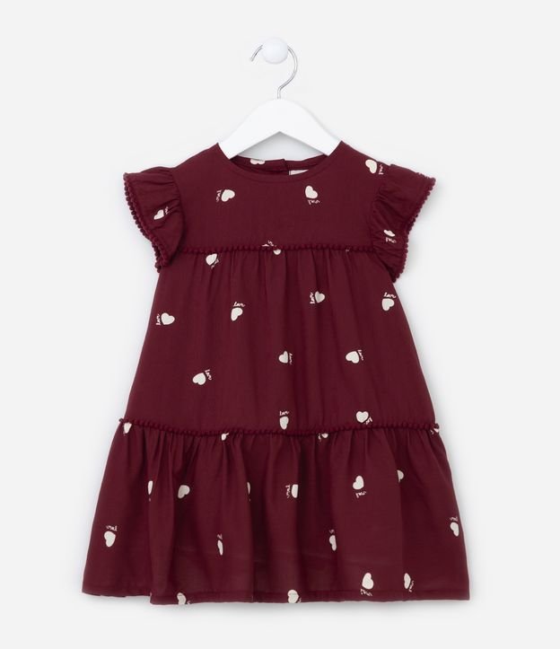 Vestido Infantil com Babados e Estampa Corações - Tam 1 a 5 Anos