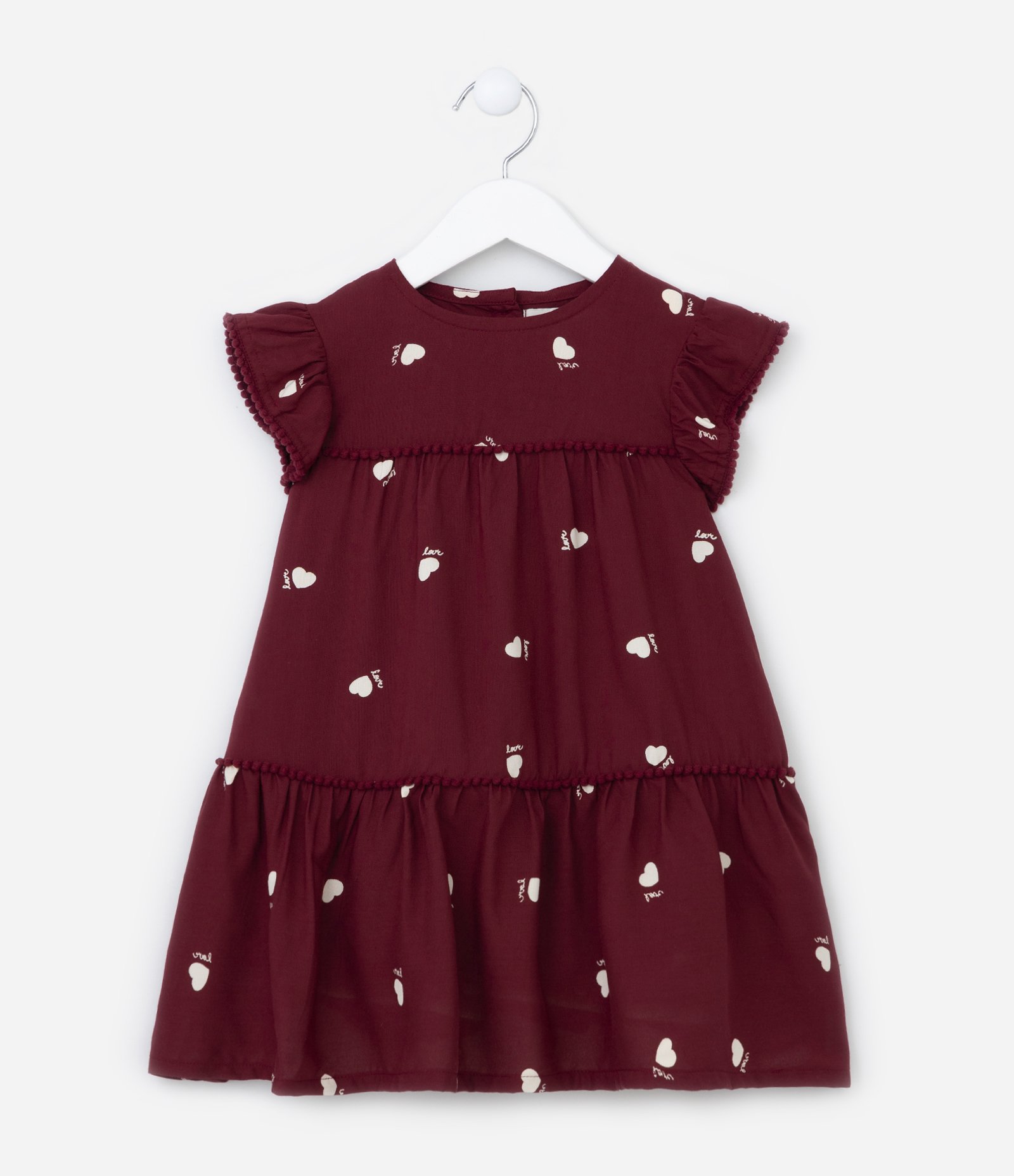 Vestido Infantil com Babados e Estampa Corações - Tam 1 a 5 Anos Vermelho Bordô 1