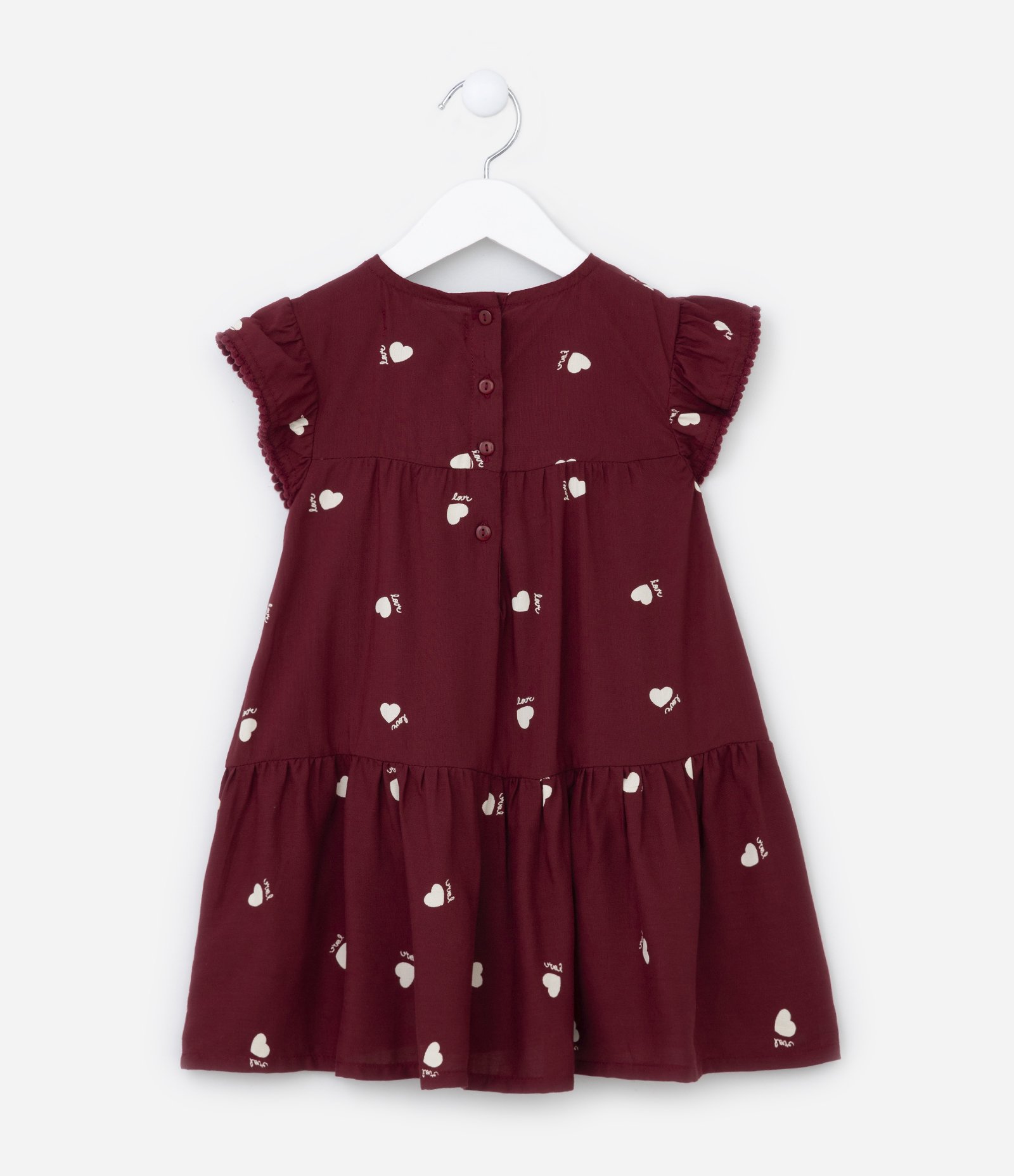 Vestido Infantil com Babados e Estampa Corações - Tam 1 a 5 Anos Vermelho Bordô 2