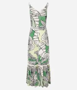 Vestido Evasê Long Midi em Viscose com Folhagens Estampadas