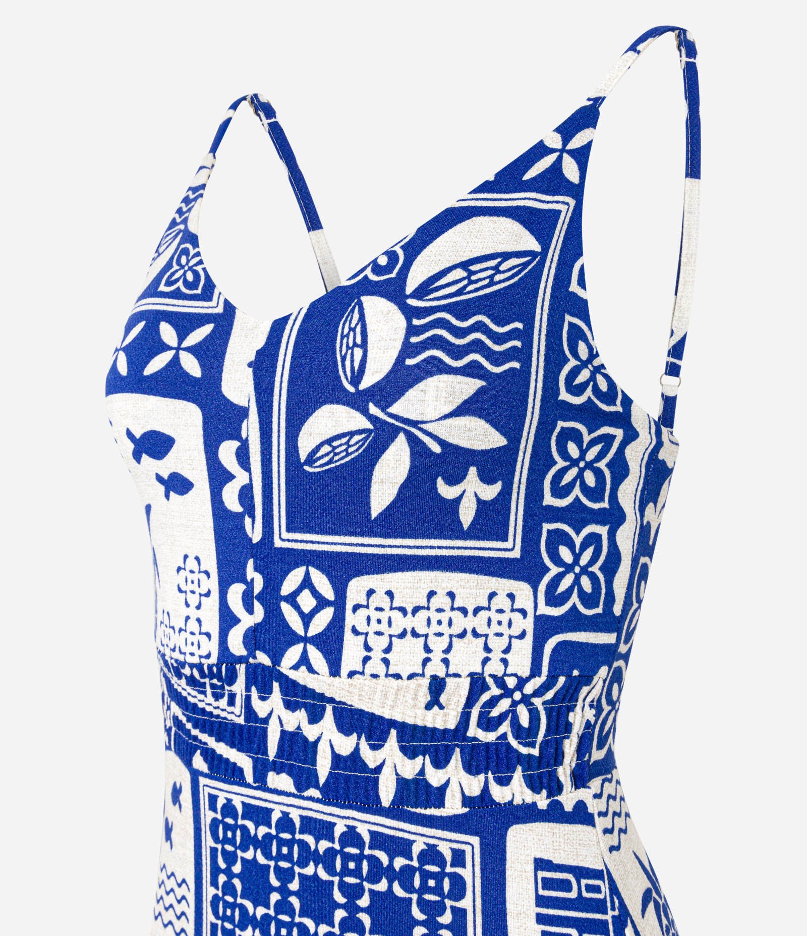 Vestido Evasê em Viscose com Alça Fina e Estampa Tropical Azul 7