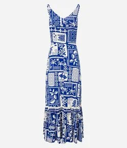Vestido Evasê em Viscose com Alça Fina e Estampa Tropical