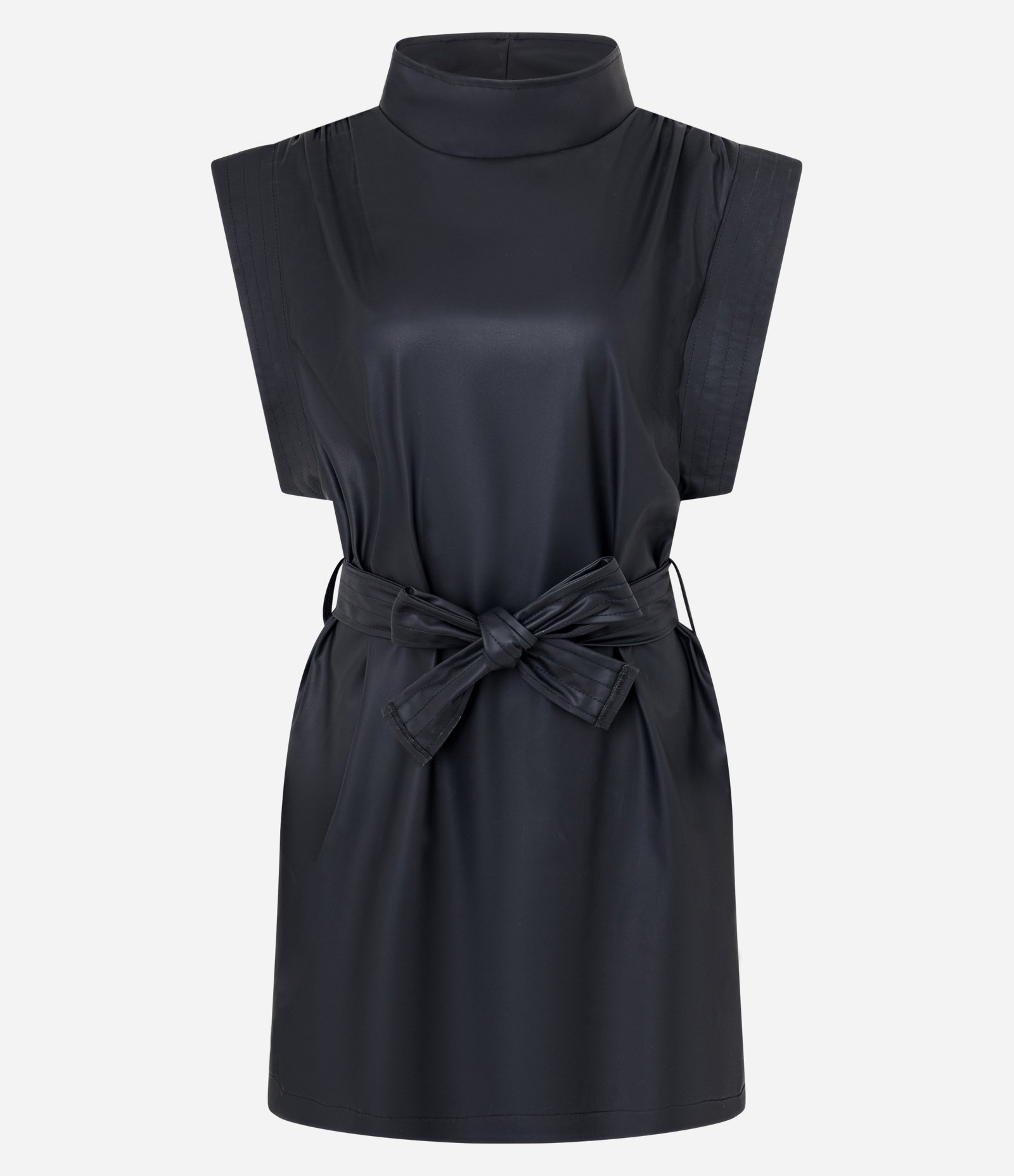Vestido em PU com Gola Alta e Amarração na Cintura Preto 5