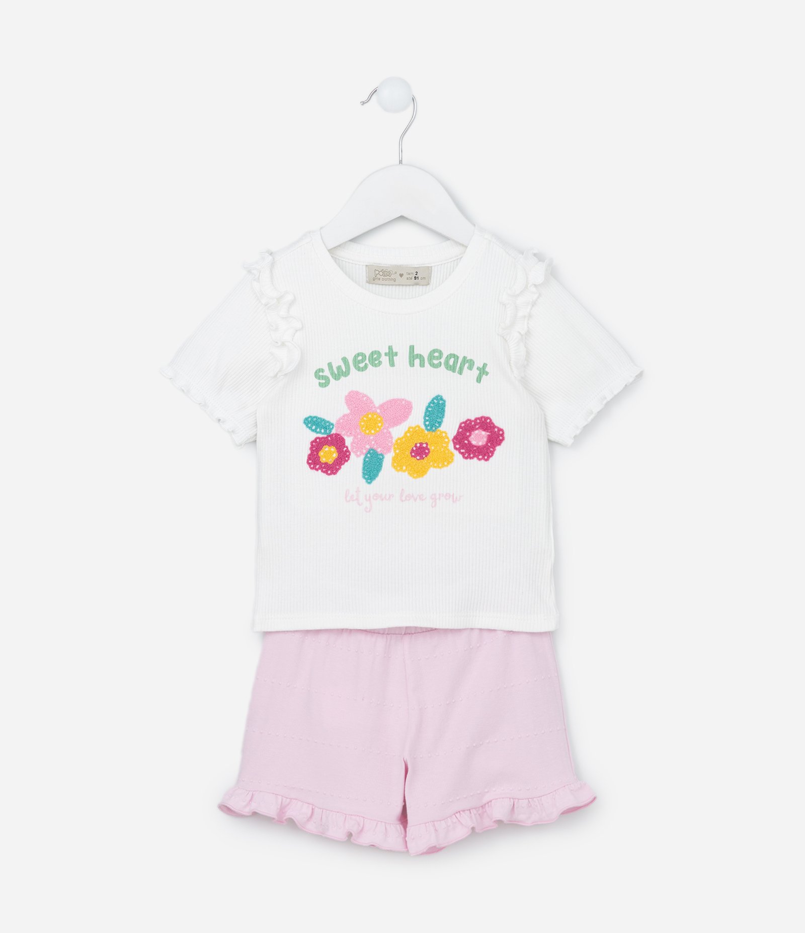 Conjunto Infantil em Ribana com Frufru e Textura - Tam 1 a 5 Anos Rosa/Branco 1