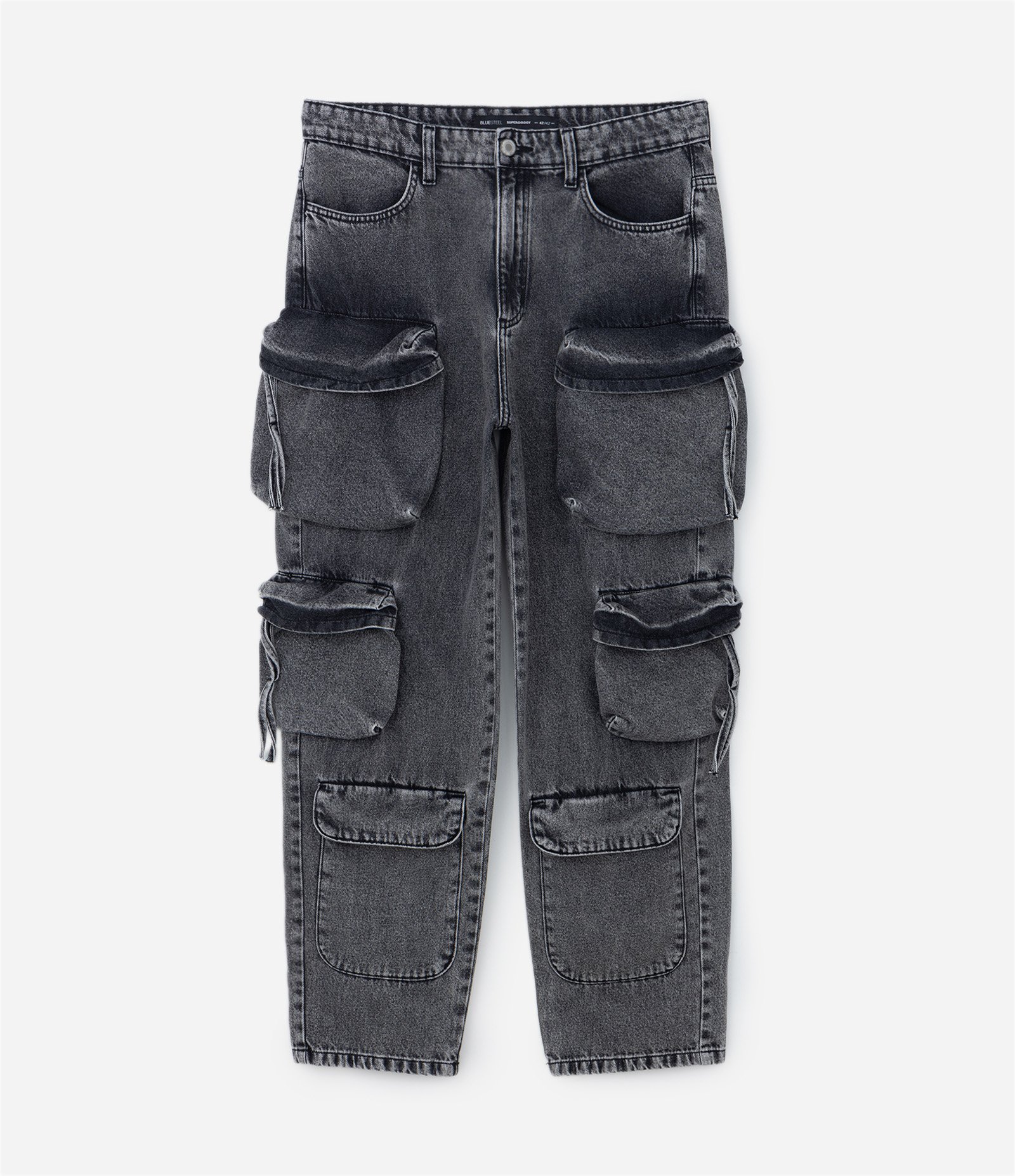 Calça Baggy em Jeans com Bolsos e Puxadores Cinza Escuro 5