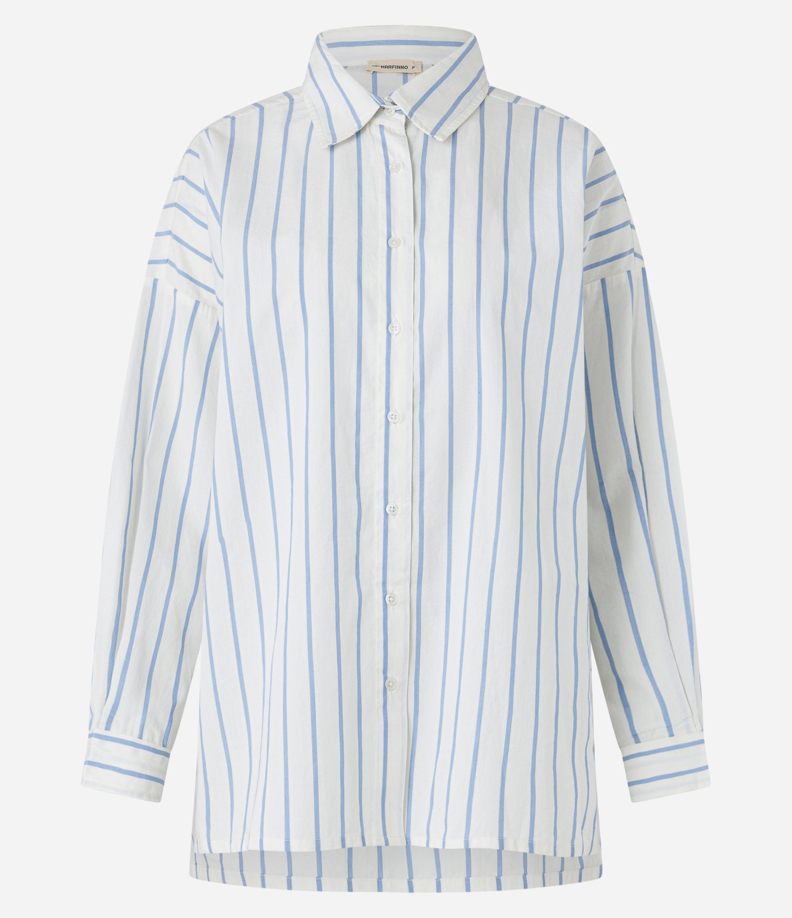 Camisa Manga Longa Listrada em Tricoline Branco/ Azul 5