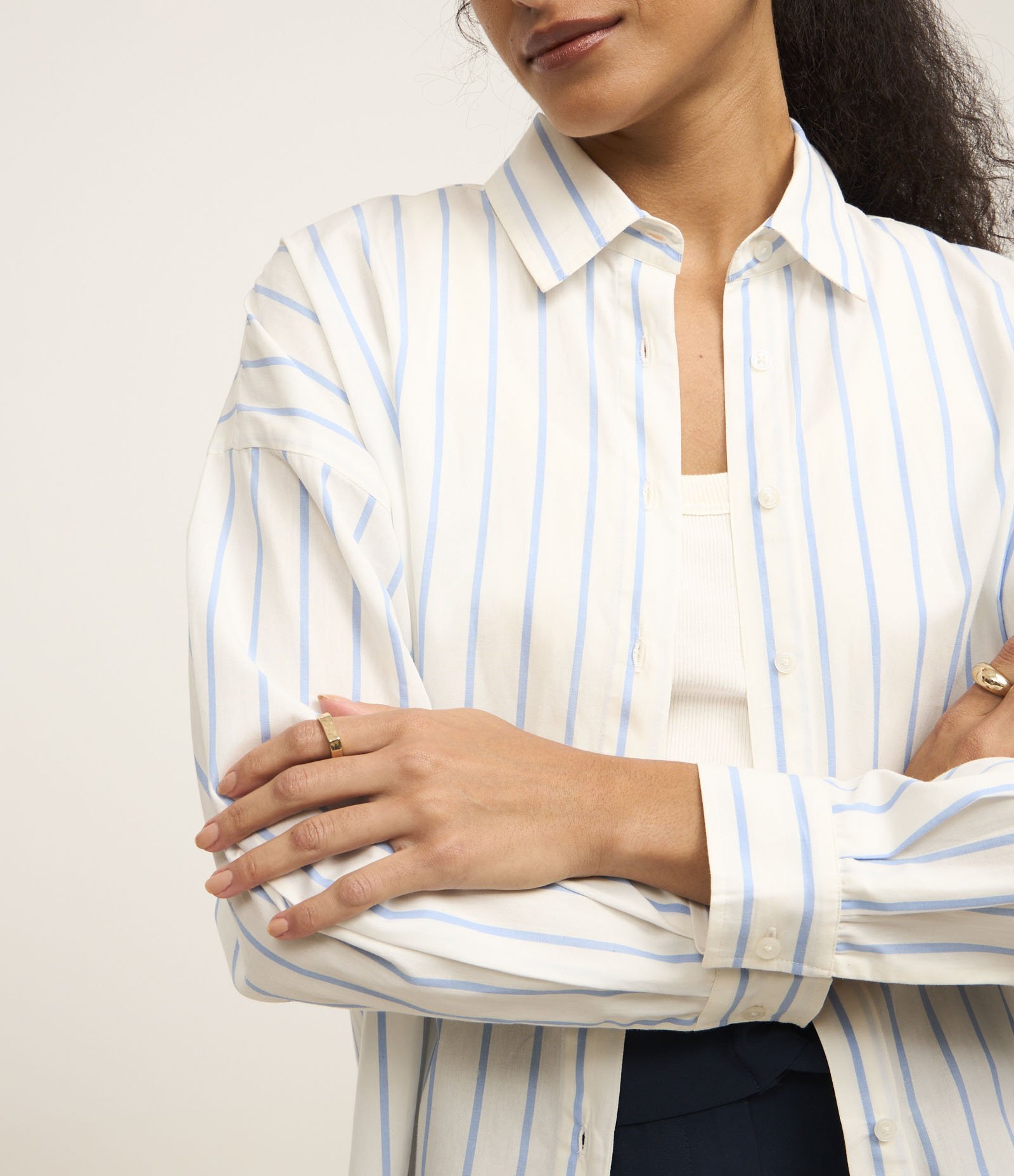 Camisa Manga Longa Listrada em Tricoline Branco/ Azul 3