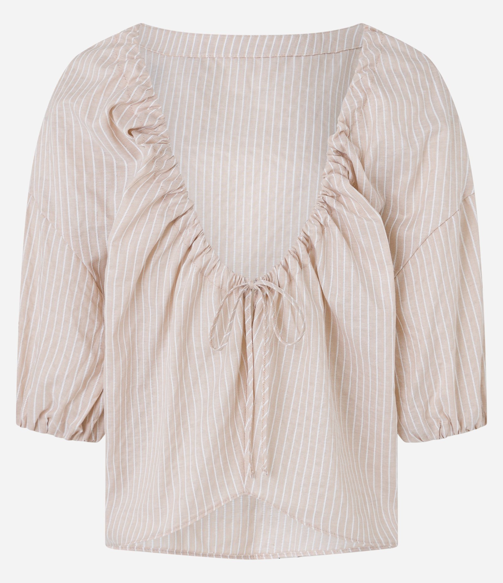 Blusa em Tricoline Listrado com Fio Tinto e Amarração nas Costas Bege 8