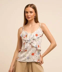 Blusa de Alça em Chiffon com Babado e Flores Estampadas