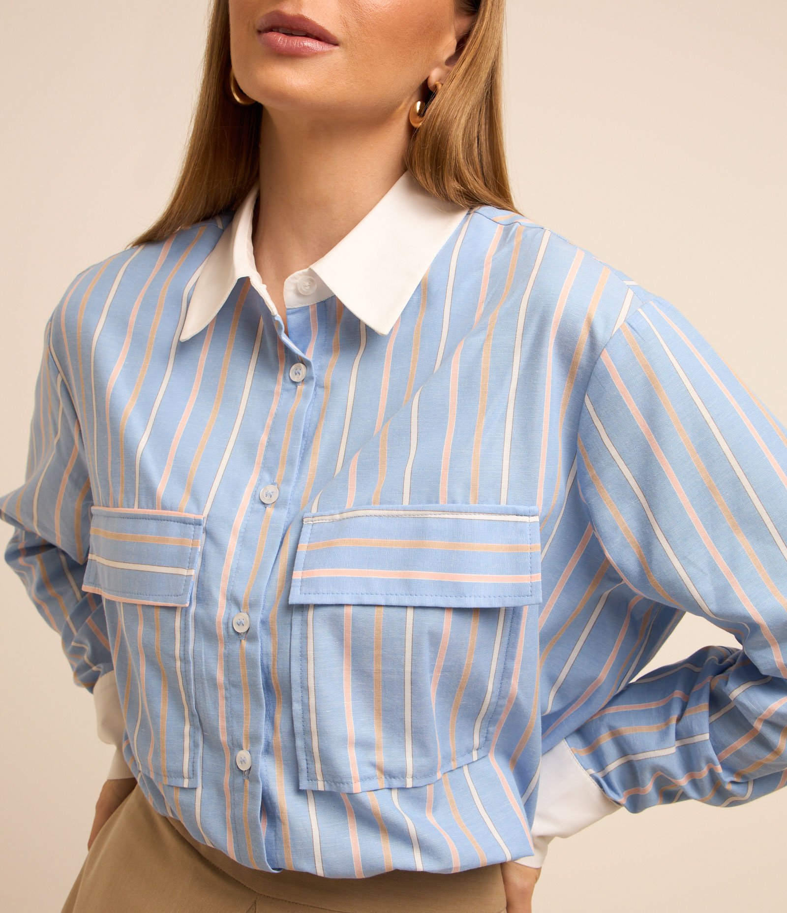 Camisa em Tricoline Listrado com Fio Tinto Azul 3
