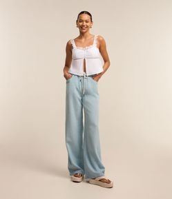 Calça Wide Leg em Jeans com Amarração no Cós
