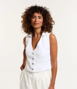 Blusa sem Manga Jeans com Abotoamento Frontal e Gola Lapela