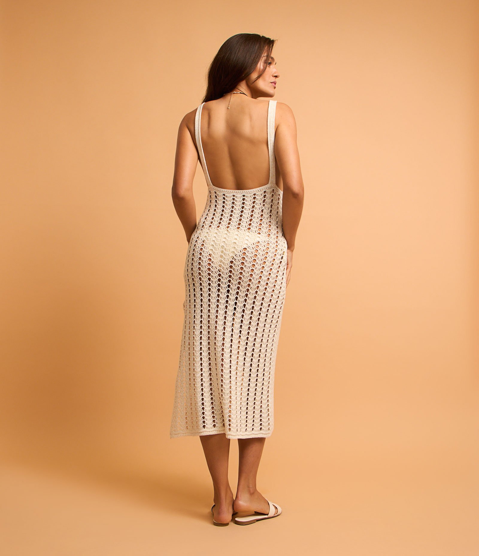 Saida de Praia Vestido Longo com Efeito Crochê Branco Neve 3