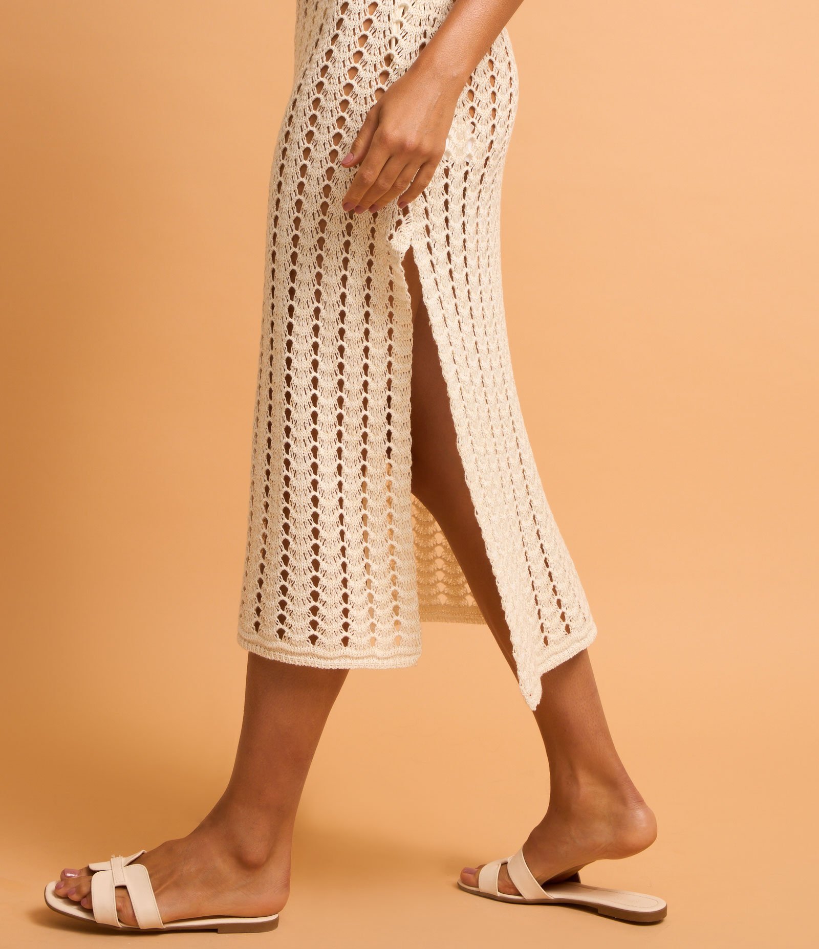 Saida de Praia Vestido Longo com Efeito Crochê Branco Neve 4