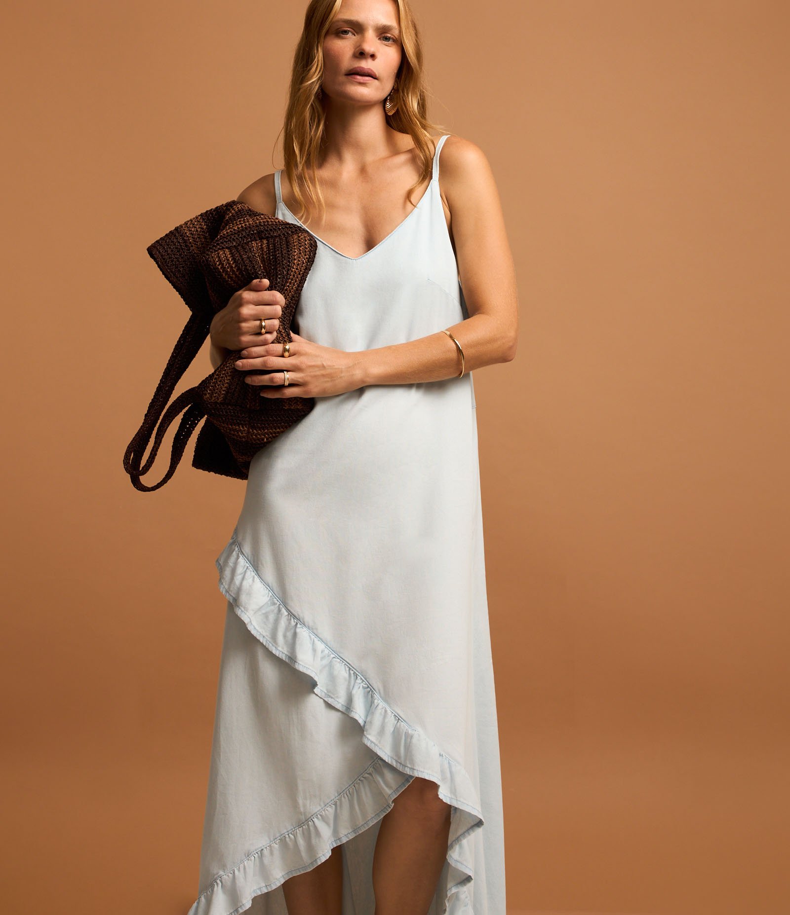 Vestido Longo em Sarja Liso longo regata com  Babados na Barra Branco 1