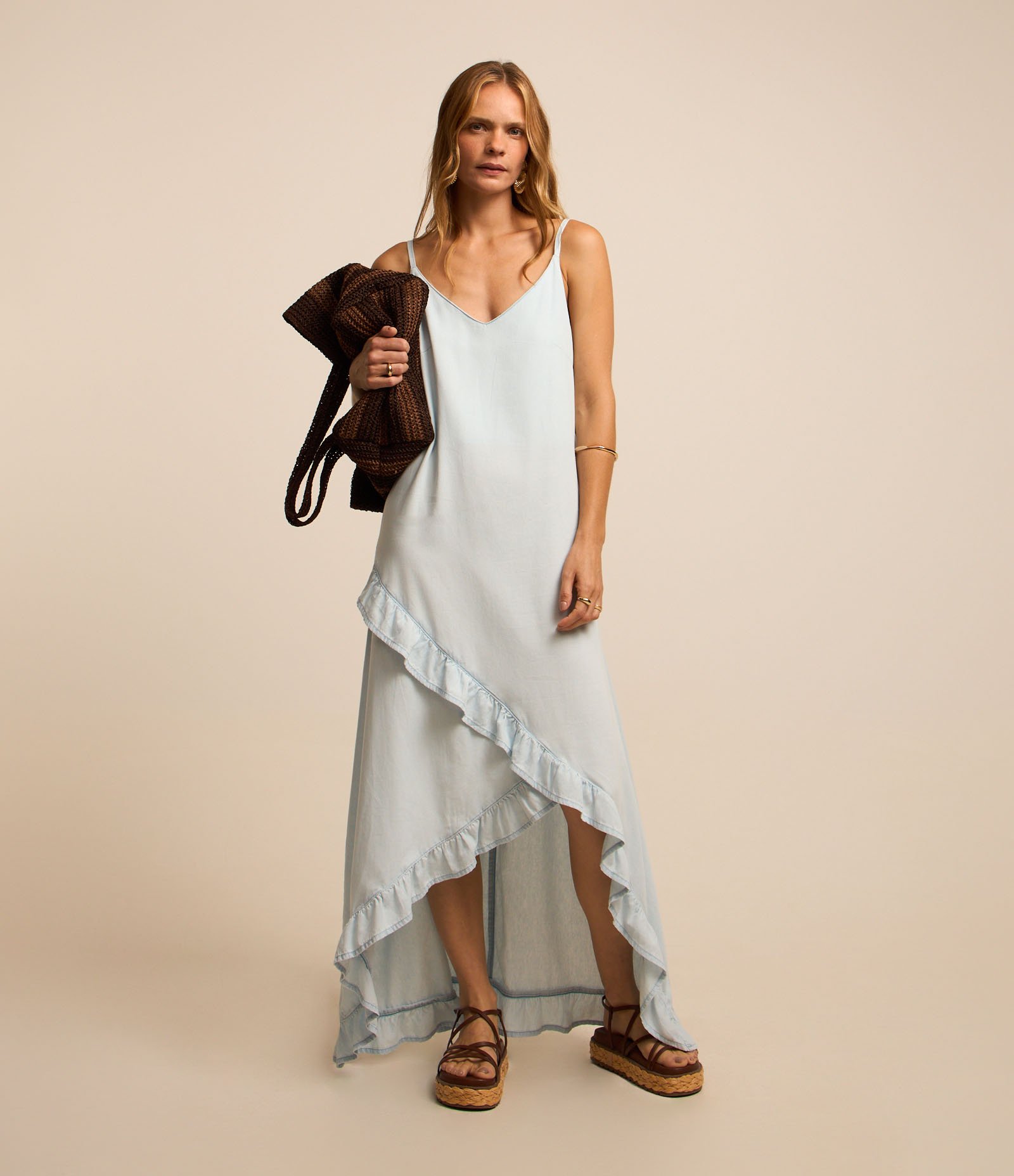 Vestido Longo em Sarja Liso longo regata com  Babados na Barra Branco 2