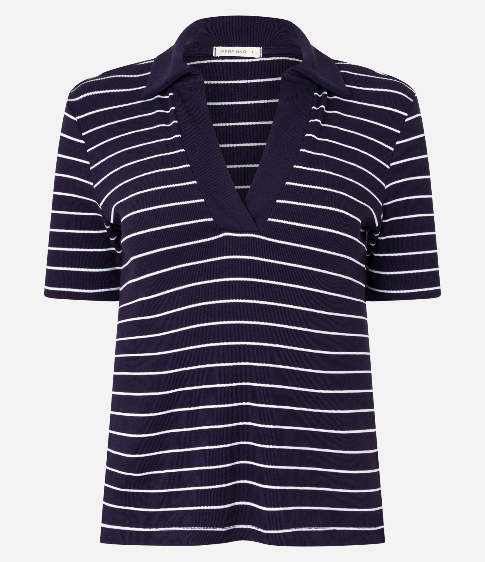 Blusa em Ribana com Gola Polo e Listras em Fio Tinto Azul Marinho e Branco 5