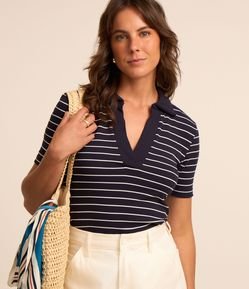 Blusa em Ribana com Gola Polo e Listras em Fio Tinto