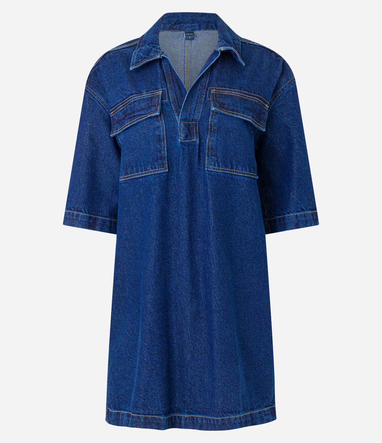 Vestido Reto em Jeans com Decote V e Bolsos Frontais Azul Escuro 6