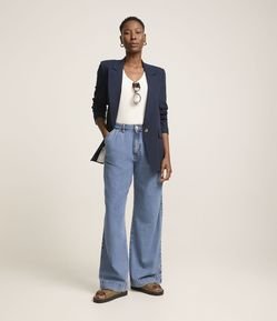 Calça Wide Leg Jeans com Pregas e Bolsos