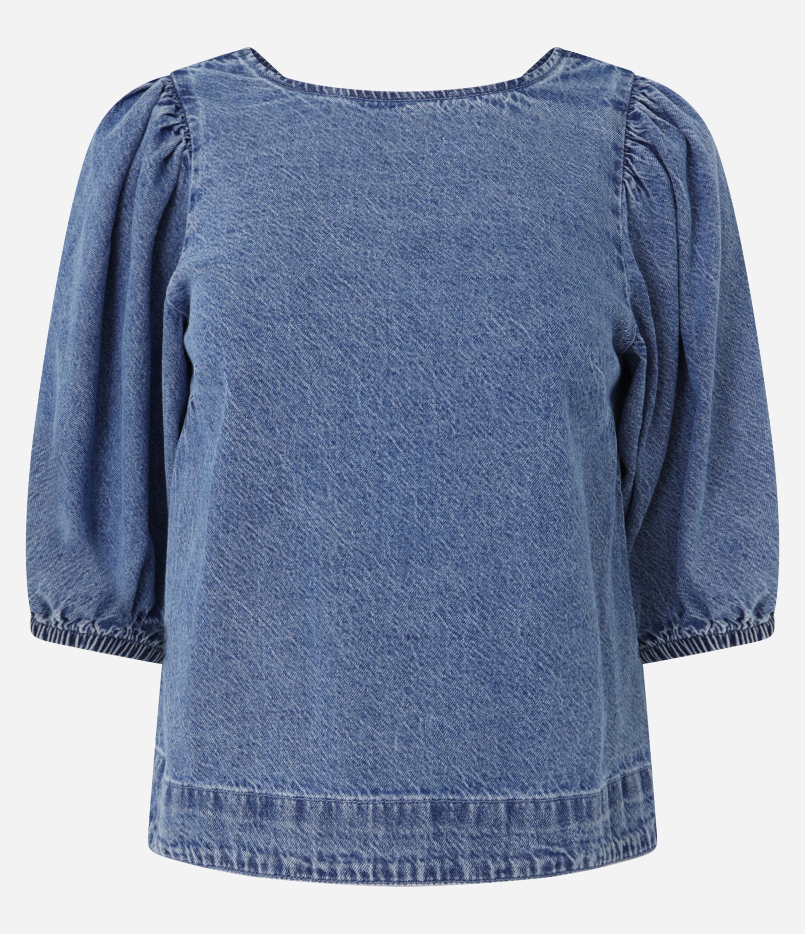 Blusa em Jeans com Manga Bufante e Decote Redondo Azul 6