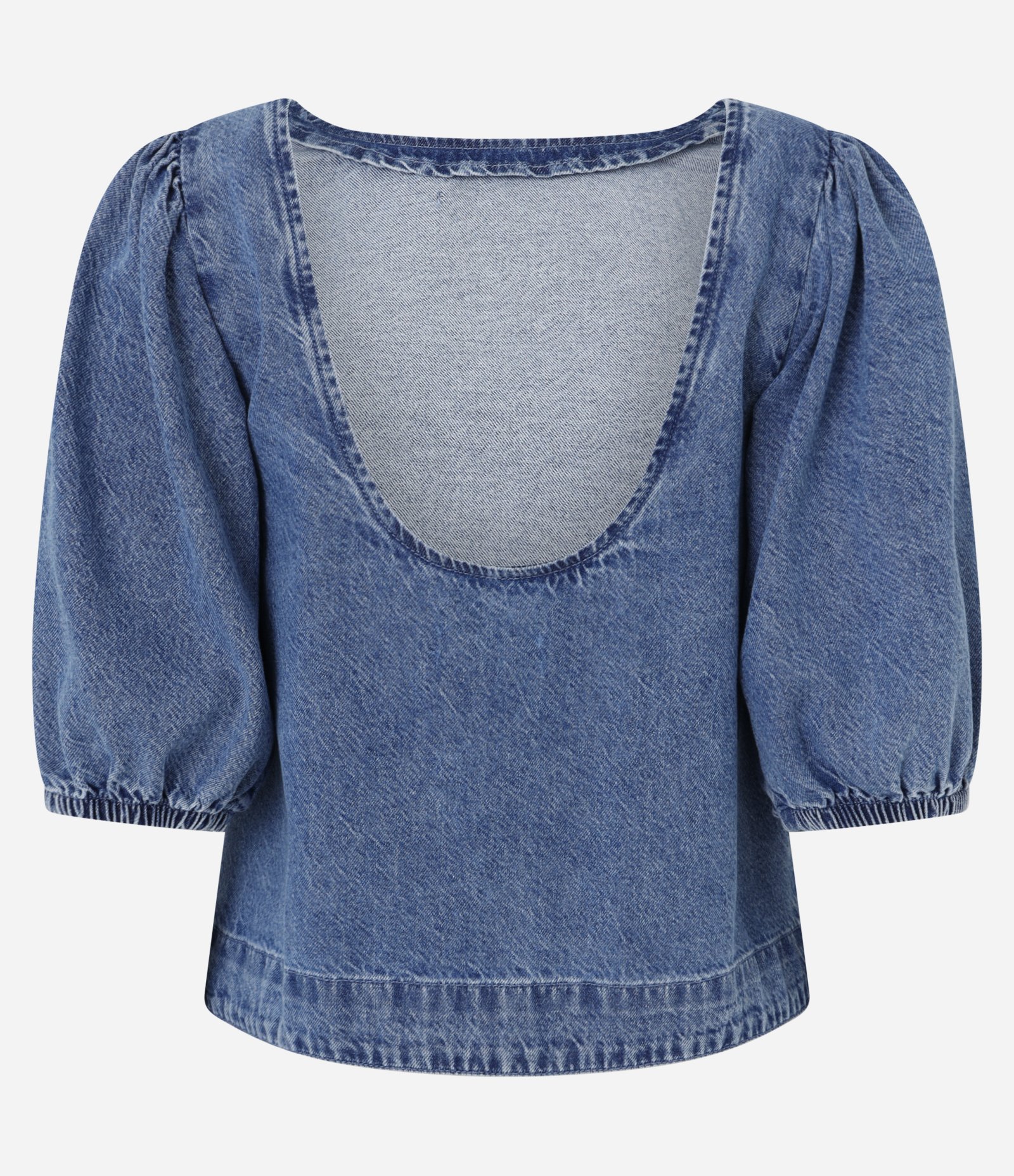 Blusa em Jeans com Manga Bufante e Decote Redondo Azul 7