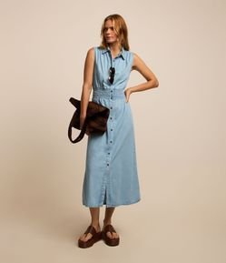 Vestido Midi em Jeans com Lastex na Cintura