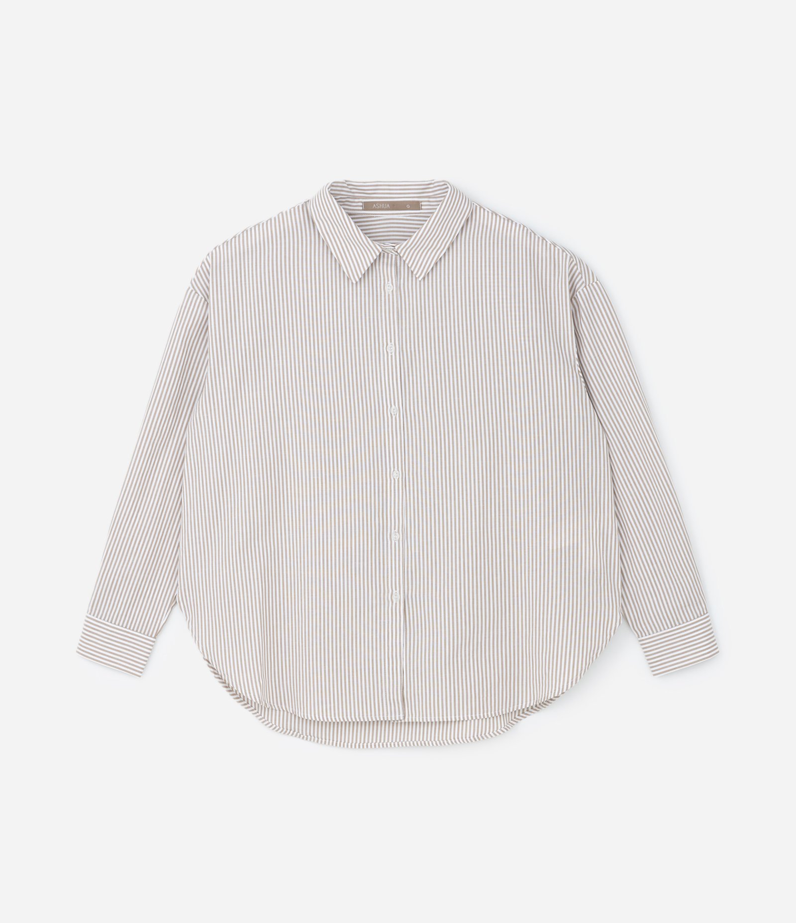 Camisa Alongada em Tricoline Listrado Curve & Plus Size Bege/Branco