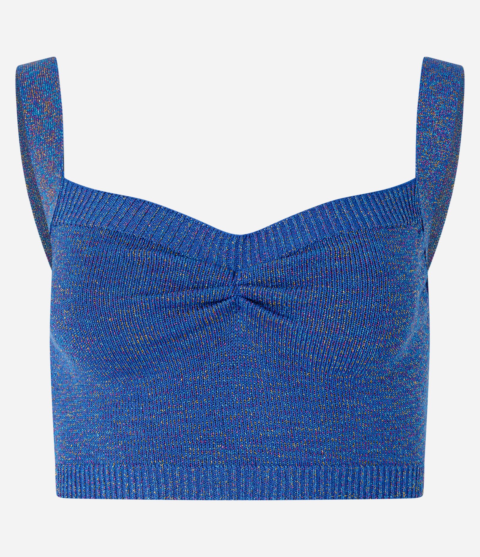 Blusa Cropped em Tricô com Fio Metalizado e Franzido no Busto Azul 4