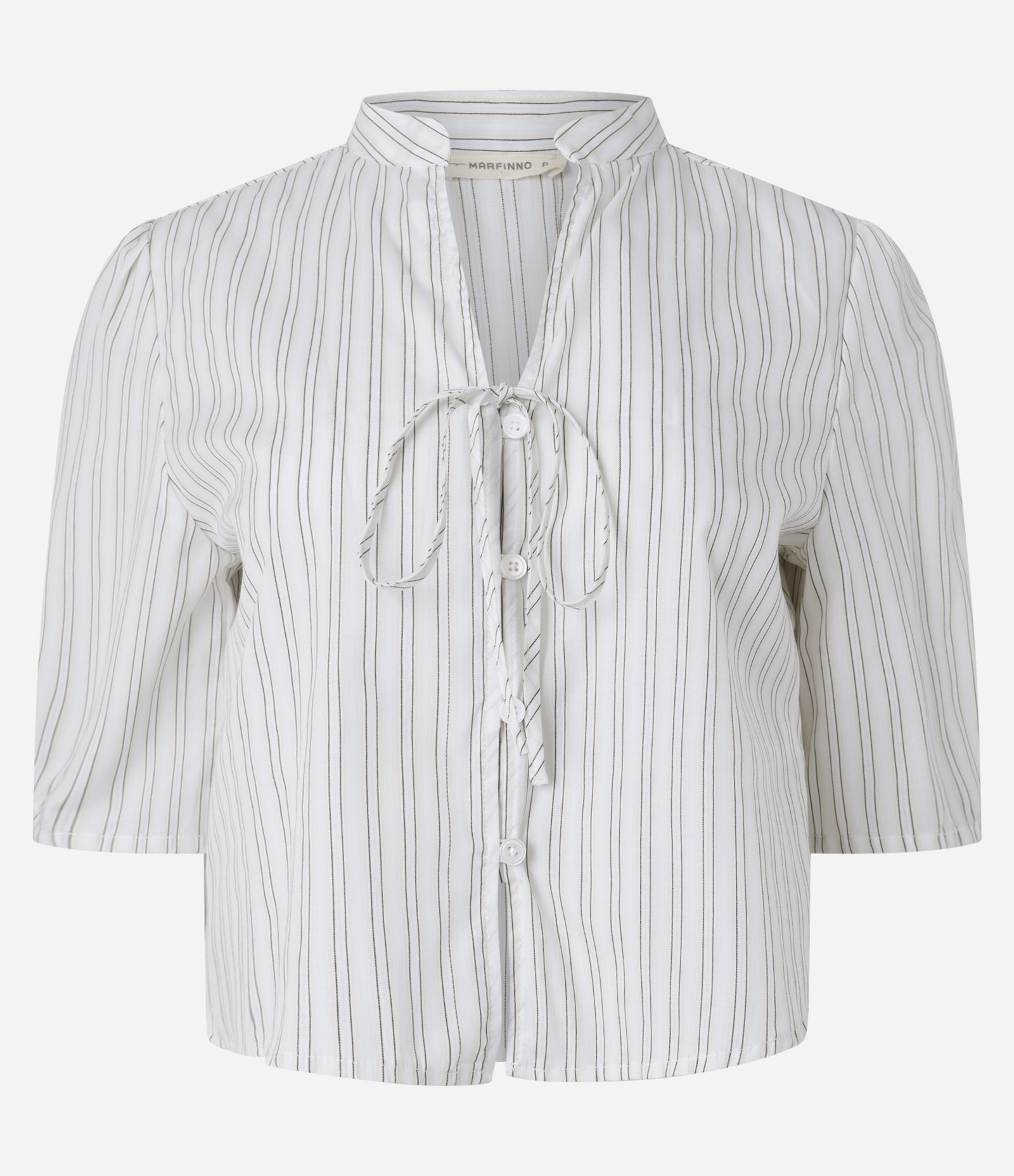 Blusa em Tricoline Listrado com Fio Tinto e Amarração Branco Neve 1