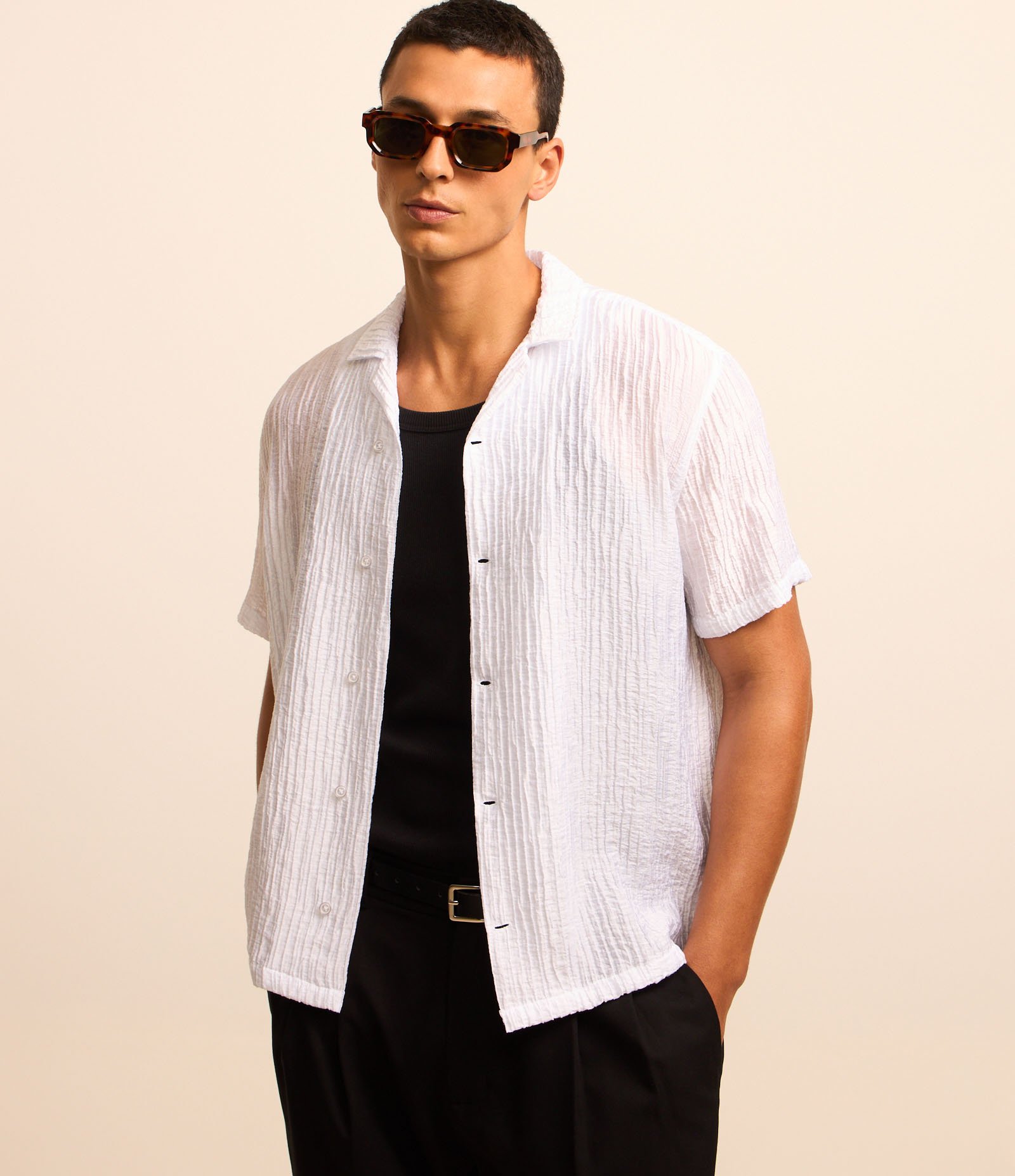 Camisa Boxy com Textura e Manga Curta Branco 1