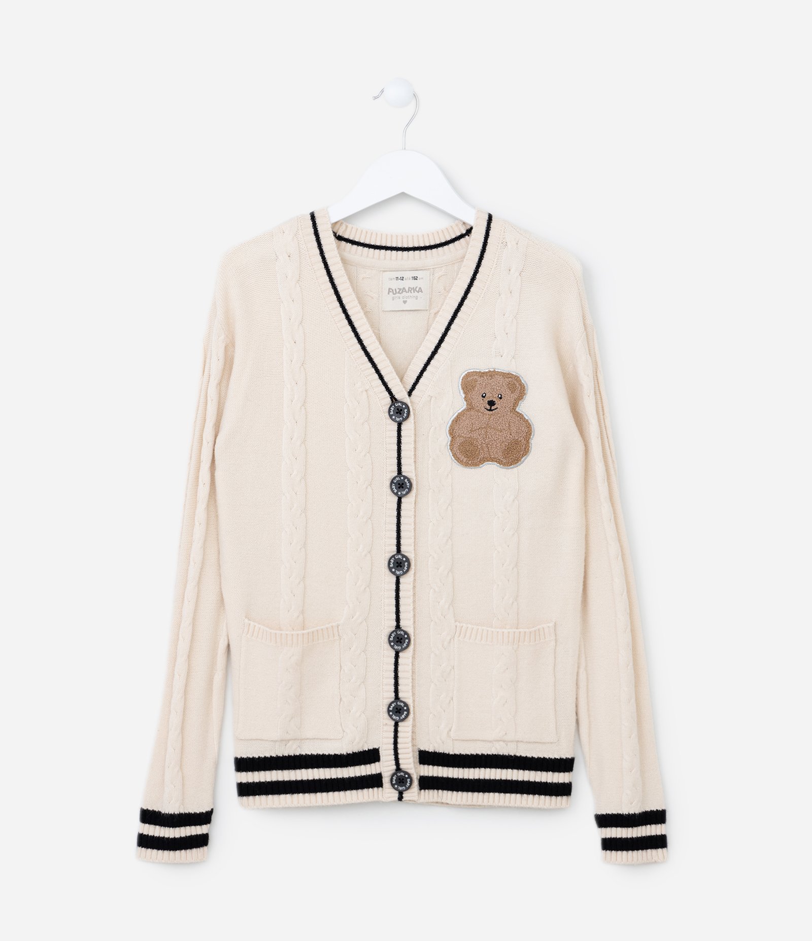 Cardigan Infantil em Tricô com Bordado Ursinho - Tam 5 a 14 Anos Bege 1