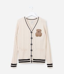 Cardigan Infantil em Tricô com Bordado Ursinho - Tam 5 a 14 Anos