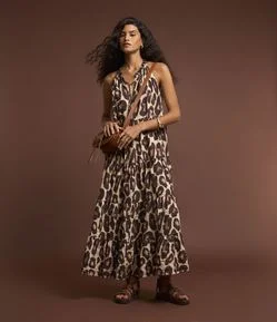 Vestido Midi em Viscose Animal Print