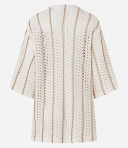 Saída de Praia Kimono com Efeito Crochê e Estampa Listrada