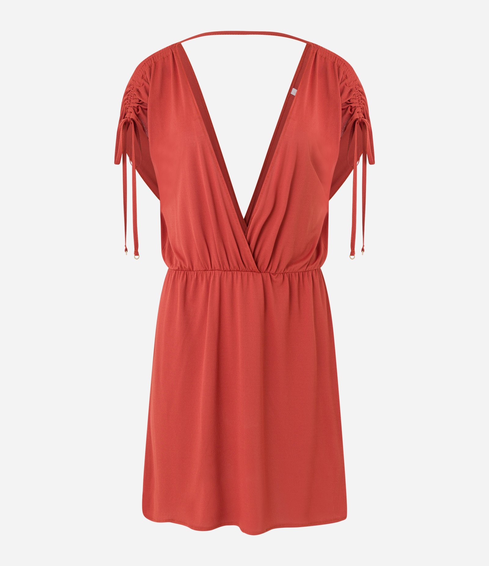 Saída de Praia Vestido em Crepe com Franzido e Amarração nos Ombros Vermelho 5
